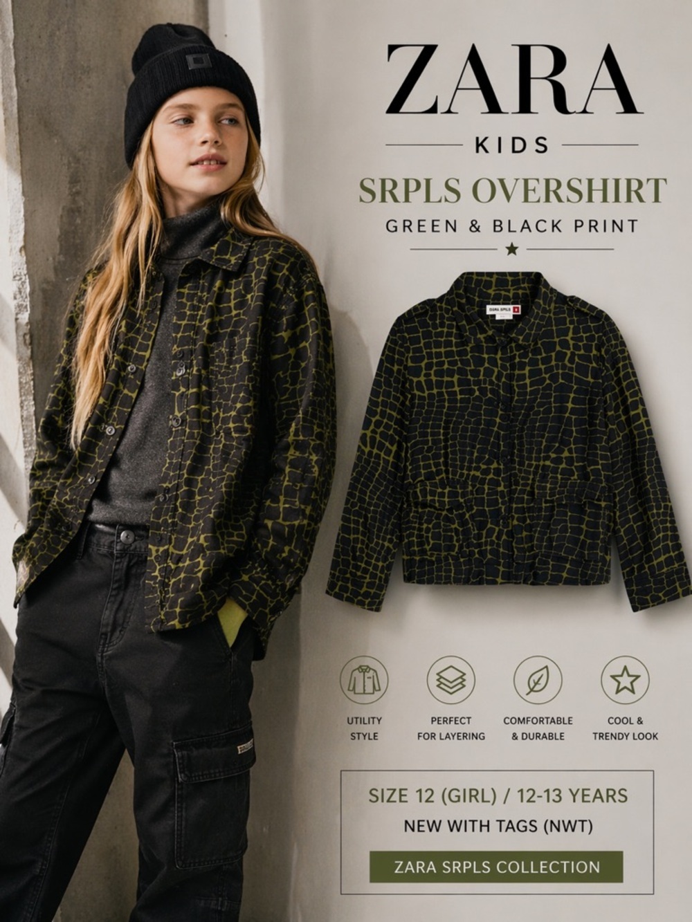 ZARA Kids SRPLS Green Black Printed Overshirt NWT Girl Size 12 12-13Y